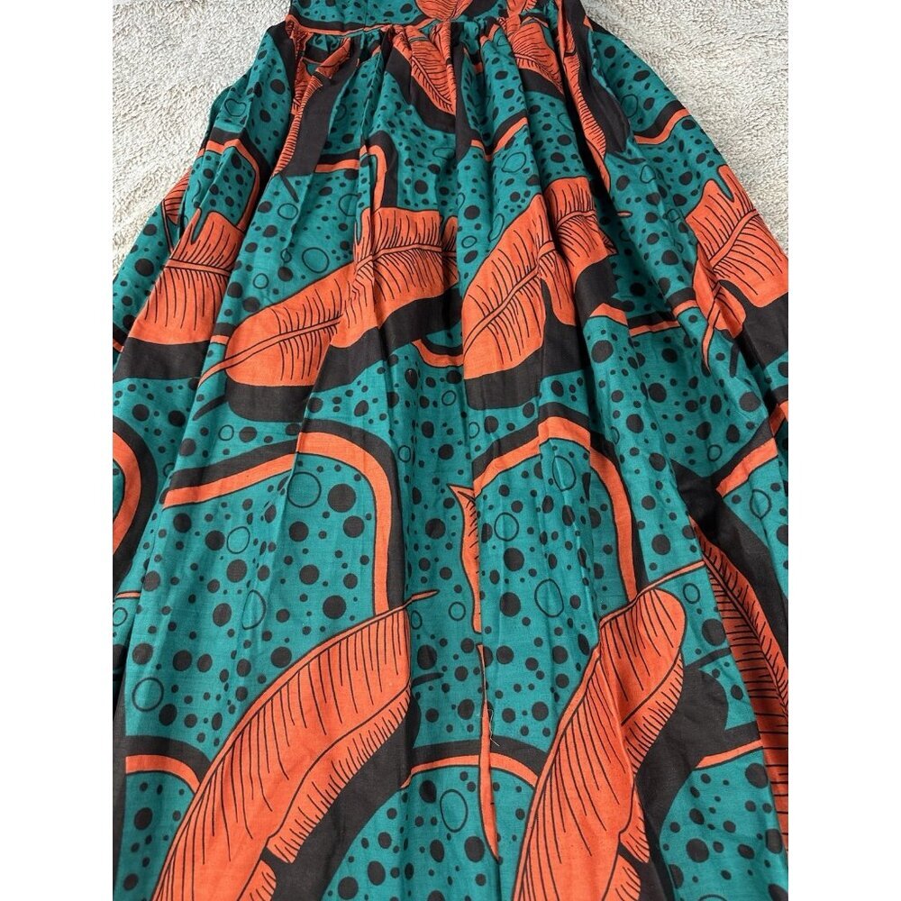 SIKA Ghana Handmade Cotton Maxi Dress Teal Orange Banana Leaf Print Size 4 - Picture 12 of 16
